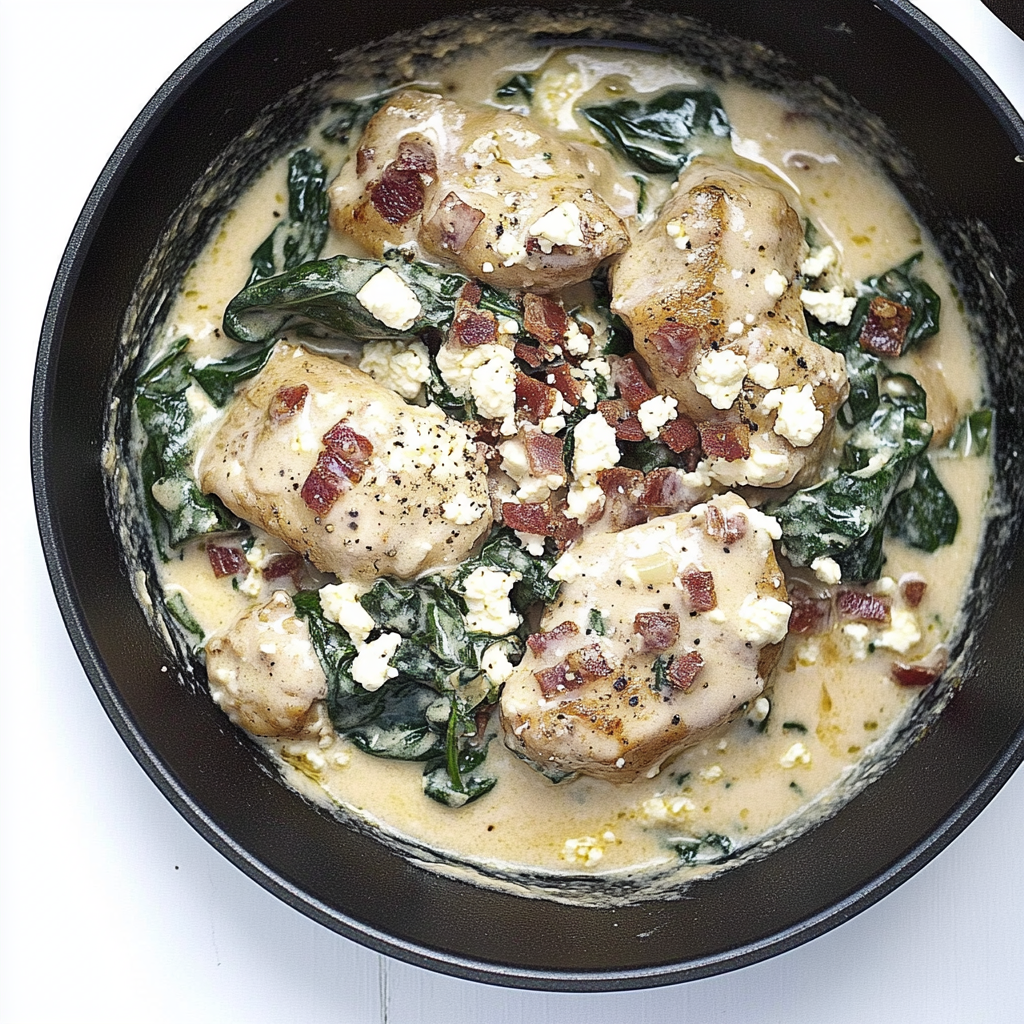 Creamy Bacon Spinach Feta Chicken Skillet