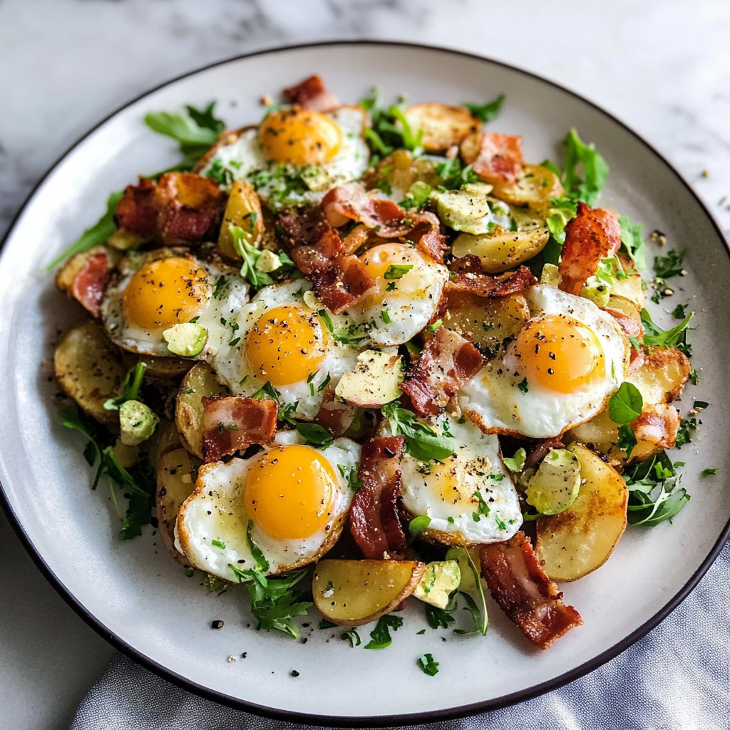Crispy Potatoes With Jammy Eggs Bacon